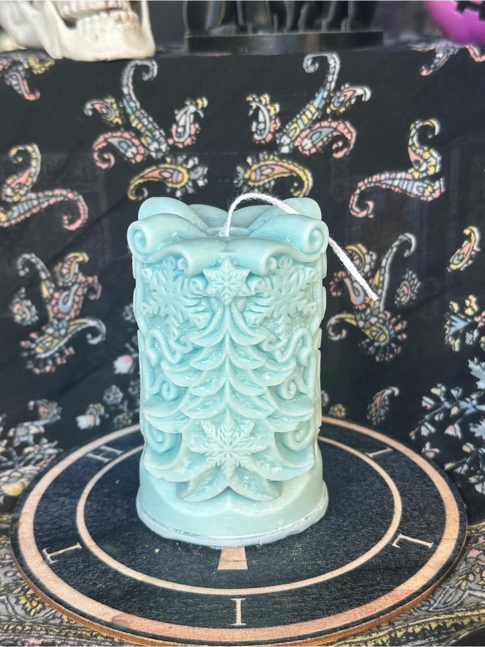 Icy Blue Winter Evergreen Pillar Candle